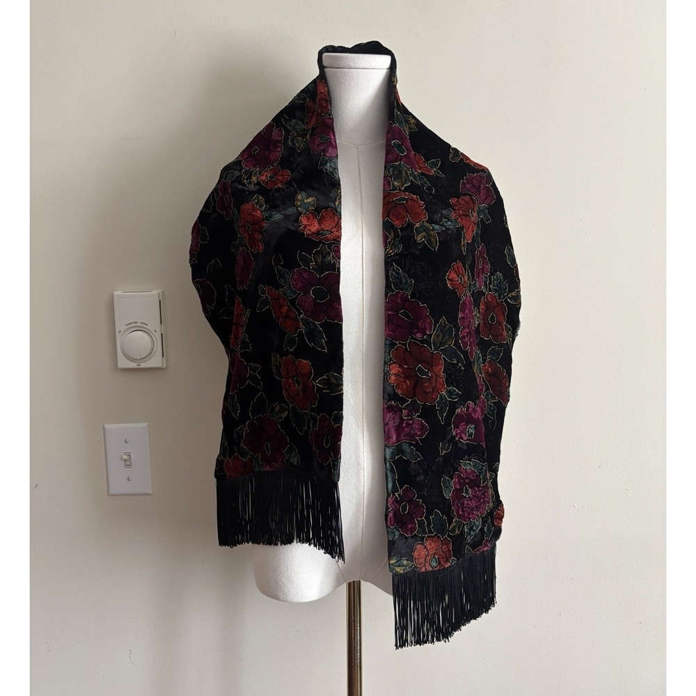 Vintage Velvet Fringe Scarf Whimsigoth 90s Boho Chic Red Purple Black Satin